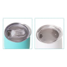 A double wall egg-shaped coffee cup in turquoise and white with a metal lid, featuring a logo.