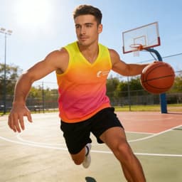 A male basketball player wearing a vibrant yellow and pink gradient V-neck singlet, holding a basketball on a court.