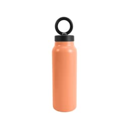A drink bottle in pastel orange with a black lid and a magnetic phone holder on top.