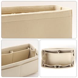 A cream felt bag organiser features multiple compartments for convenient storage. It has a logo on one side.