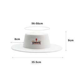 A white flat top felt fedora hat with a wide brim and a logo on the front. Dimensions displayed in the image.