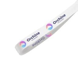 A white satin polyester ribbon with colourful branding and a logo displayed prominently.