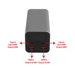 A black power bank with multiple output ports, including Type-C and USB-A, featuring a sleek design.
