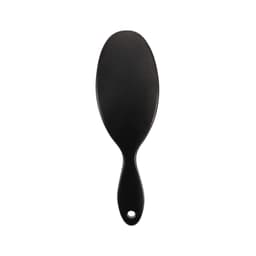 A black custom hair brush with an oval shape and a handle, featuring a hole for hanging.