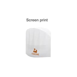 A white disposable non-woven kids chef hat with a logo printed on it.