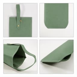 A drink bottle bag in a soft green PU leather with a handle and gold button detailing. Features multiple angles.