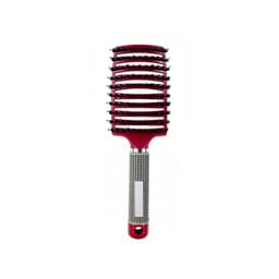 A red detangler bristle hairbrush with a textured handle and a curved bristle design for easy hair styling.