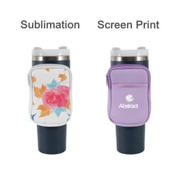 A drink bottle pouch in floral and purple designs, featuring zippers and a logo on the side.