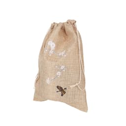 A small jute produce bag in natural beige featuring floral designs and a logo.