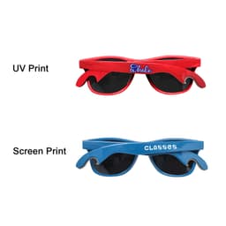 A drink bottle opener designed as sunglasses in red and blue with dark lenses and a logo on each.