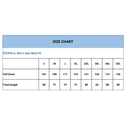 A size chart featuring measurements for men's singlets, including full chest and total length in various sizes.