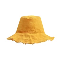A yellow Raw Edge Bucket Hat with a frayed brim and a logo.
