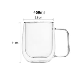 A barrel-shaped double wall mug made of clear glass, featuring a handle and a capacity of 450ml.