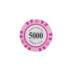A pink and white poker chip featuring a crown design, labelled with "5000" and "Poker Club."