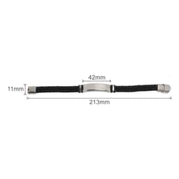 A leather twine bracelet in black featuring a metal clasp and a smooth metal centrepiece. Measurements included.