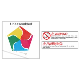 A five-leaf pinwheel in red, yellow, green, and blue, featuring a branding logo, presented unassembled.