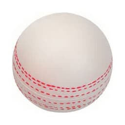 A cricket ball-shaped stress reliever, featuring a white exterior with red stitching details.