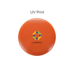 An orange Frisbee featuring a multi-coloured logo in the centre. The product has a textured edge.