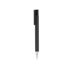 A black pen featuring a sleek design and a clip for convenience. It has a shiny silver tip and branding.