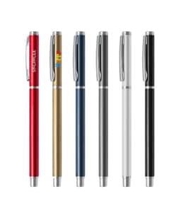 A selection of six aluminium gel pens in red, gold, blue, grey, silver, and black, featuring various designs and logos.