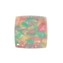 A square acetate vanity mirror in pastel colours of pink, green, and yellow with a small hole in one corner.