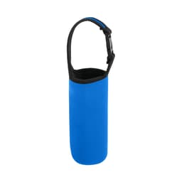 A drink bottle pouch in bright blue, featuring a strap for easy carrying and a sleek design. It has a logo.