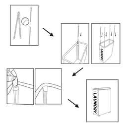 A laundry basket with wheels, featuring a simple design in white with a black branding logo. Instructions for assembly included.