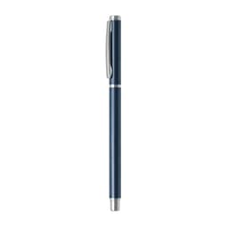 A sleek blue aluminium gel pen with a silver clip and accents, featuring a branding logo.