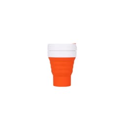 A reusable coffee cup in orange and white with a collapsible design and a small logo.