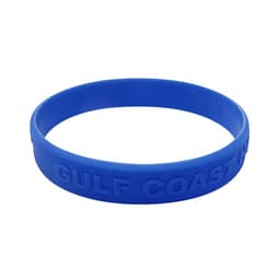 A blue embossed silicone wristband featuring a logo. Simple design suitable for events and exhibitions.