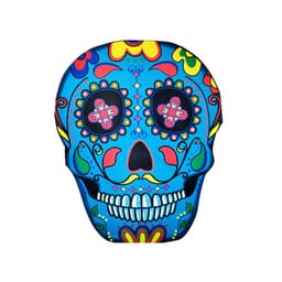 A custom-shaped beach towel featuring a vibrant blue skull design with floral elements in various bright colours.