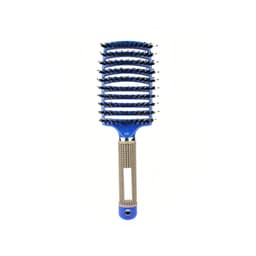 A blue detangler bristle hairbrush with a textured handle and multiple rows of bristles. It features a logo on the handle.