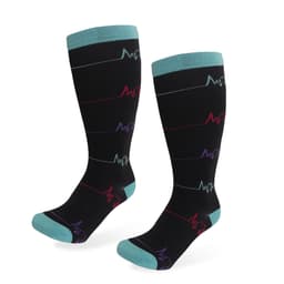 Plus size compression socks featuring a black design with colourful heartbeat patterns and teal cuffs.