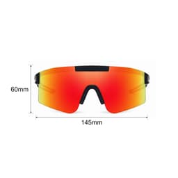 A pair of frameless sports sunglasses with a reflective orange lens and black accents, displayed with dimensions.