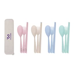 A portable utensils set with three pieces: cutlery in pink, white, and light blue, stored in a cream case with a logo.