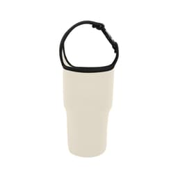 A drink bottle holder pouch in cream with a black strap, featuring a logo on the front.