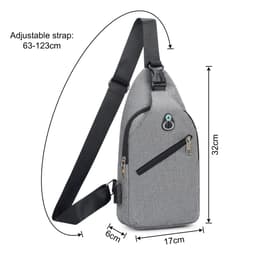 A grey sling chest bag with an adjustable strap, featuring a zip pocket and a logo. Dimensions included.