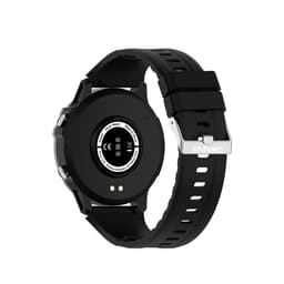 A black round smartwatch with a sleek design and a silicone strap, featuring a brand logo.