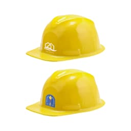 A yellow Mini PVC construction hat with a logo on one side and a badge on the other.