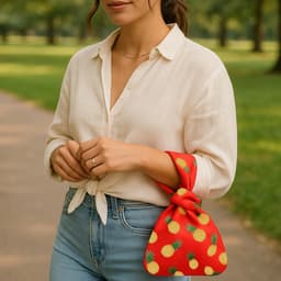 A red wrist bag featuring a pineapple pattern, held by a person in a casual outfit, outdoors in a park.