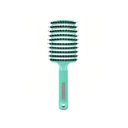 A detangler bristle hairbrush in mint green with a textured handle and a logo on the side.