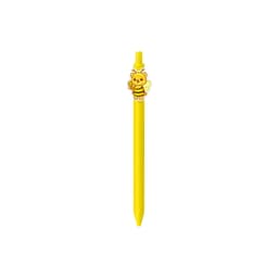 A yellow acrylic pen featuring a cute bee character on the top and a logo.