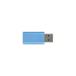 A blue USB data blocker with a metallic finish and a USB connector. Features a logo on the body.