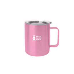 A drink mug in pink stainless steel with a clear lid, featuring a logo. Suitable for coffee or hot beverages.