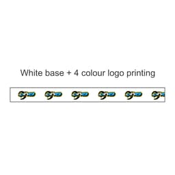 A roll of white packaging tape featuring a four-colour logo printed along its length.