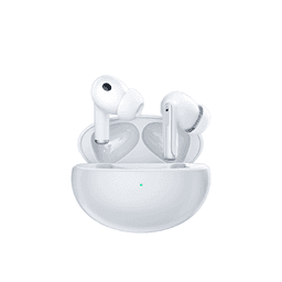 Active noise cancelling wireless earbuds in white, housed in a matching charging case, featuring a logo.