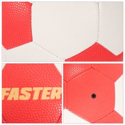 A machine-stitched PU handball featuring a red and white textured surface with a branding logo.