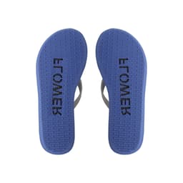 A pair of blue rubber thongs with a textured sole, featuring a branding logo on the footbed.
