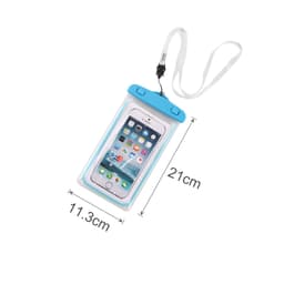 A waterproof phone bag with a blue top, featuring a clear front and a detachable strap. Dimensions are 21 cm by 11.3 cm.