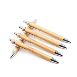 A set of eco-friendly bamboo pens with silver accents, featuring a sleek design and metallic nibs.
